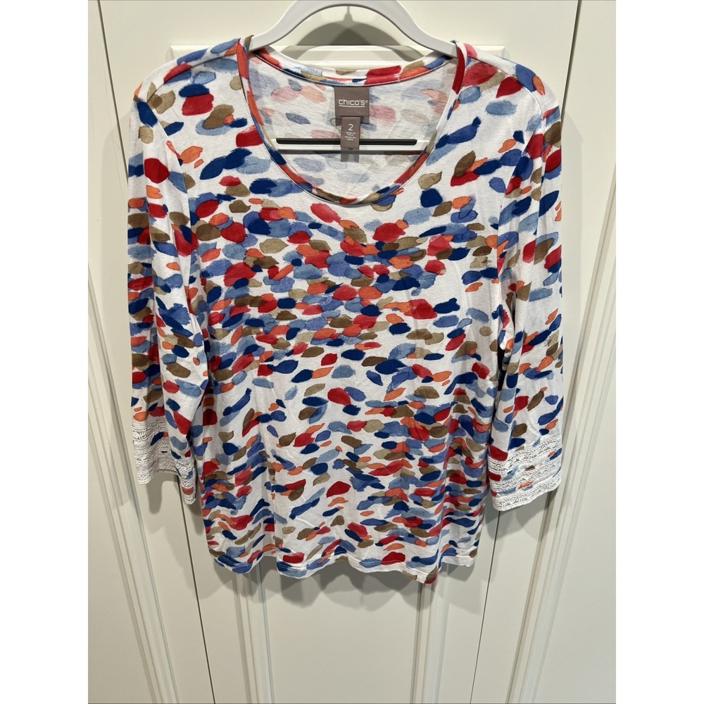 Chico's Confetti Knit Top Size 2 Lace Trim 3/4 Sleeve Colorful Artsy Party